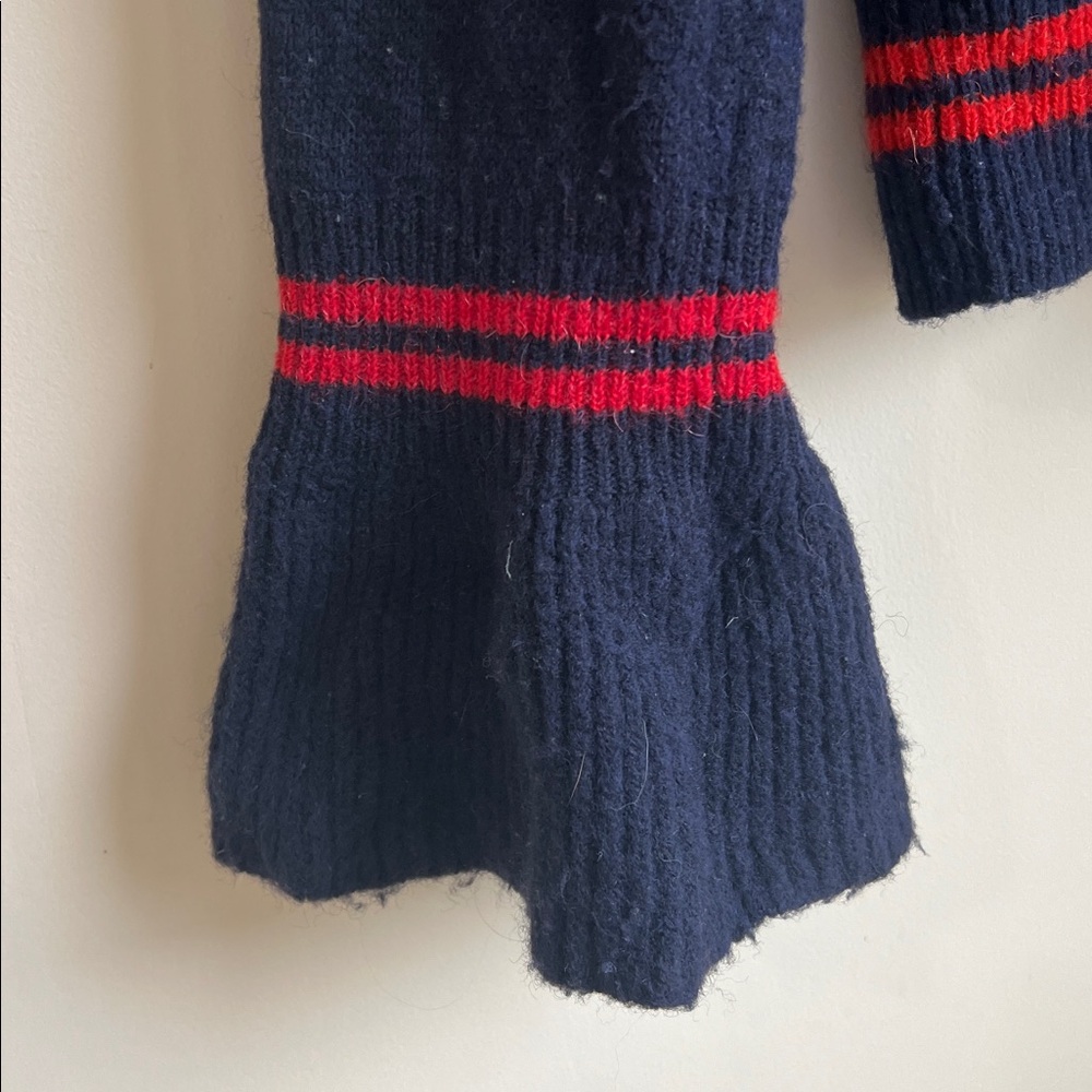 Sandro Paris Navy and red striped Sweater with Ruffle Collar and sleeves. - Picture 5 of 7